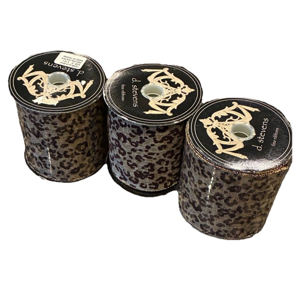Lot of 3 d. stevens Wired Ribbon 4" x 10Y Leopard Cheetah Gold ds15-6514 Destash